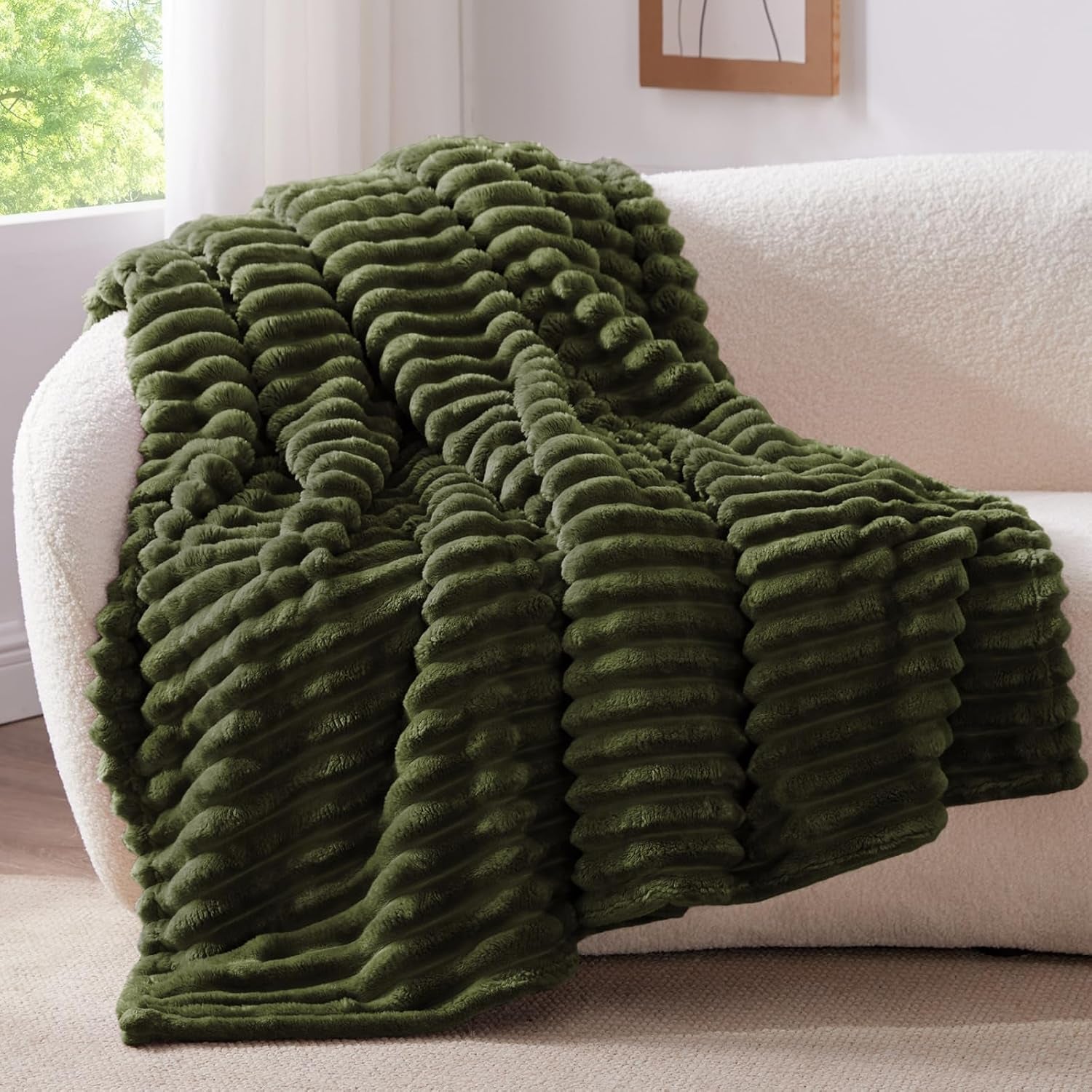 Ribbed Twin Blanket for Couch & Bed, Olive Green, 60"X80" | Ultra-Soft Plush Fleece, Cozy, Warm yet Lightweight, Ribbed Texture, Home Decor, Machine Washable, Giftable, All-Season Use