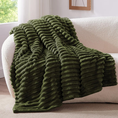 Ribbed Twin Blanket for Couch & Bed, Olive Green, 60"X80" | Ultra-Soft Plush Fleece, Cozy, Warm yet Lightweight, Ribbed Texture, Home Decor, Machine Washable, Giftable, All-Season Use