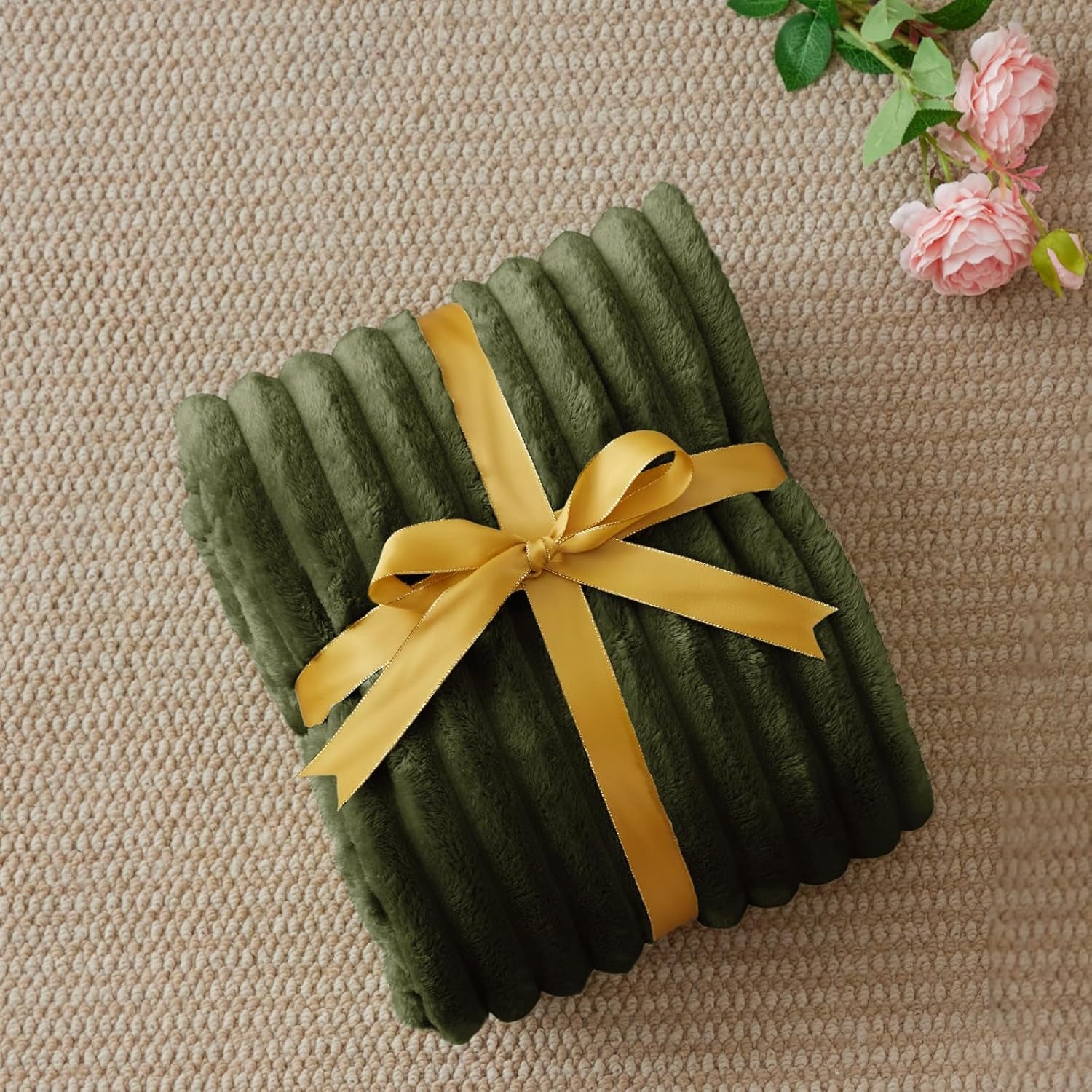 Ribbed Twin Blanket for Couch & Bed, Olive Green, 60"X80" | Ultra-Soft Plush Fleece, Cozy, Warm yet Lightweight, Ribbed Texture, Home Decor, Machine Washable, Giftable, All-Season Use