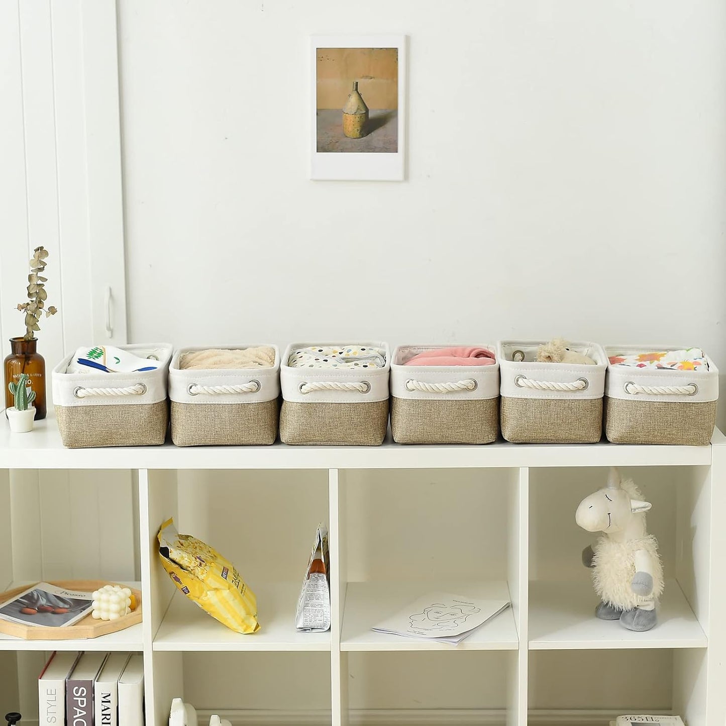 Storage Bins for Shelves - Small 6 Pack Collapsible Storage Basket for Organizing, Fabric Storage Cubes with Handle for Closet Cloth Toy Gift Kids (White & Khaki 11.8X7.8X5.2 Inch)