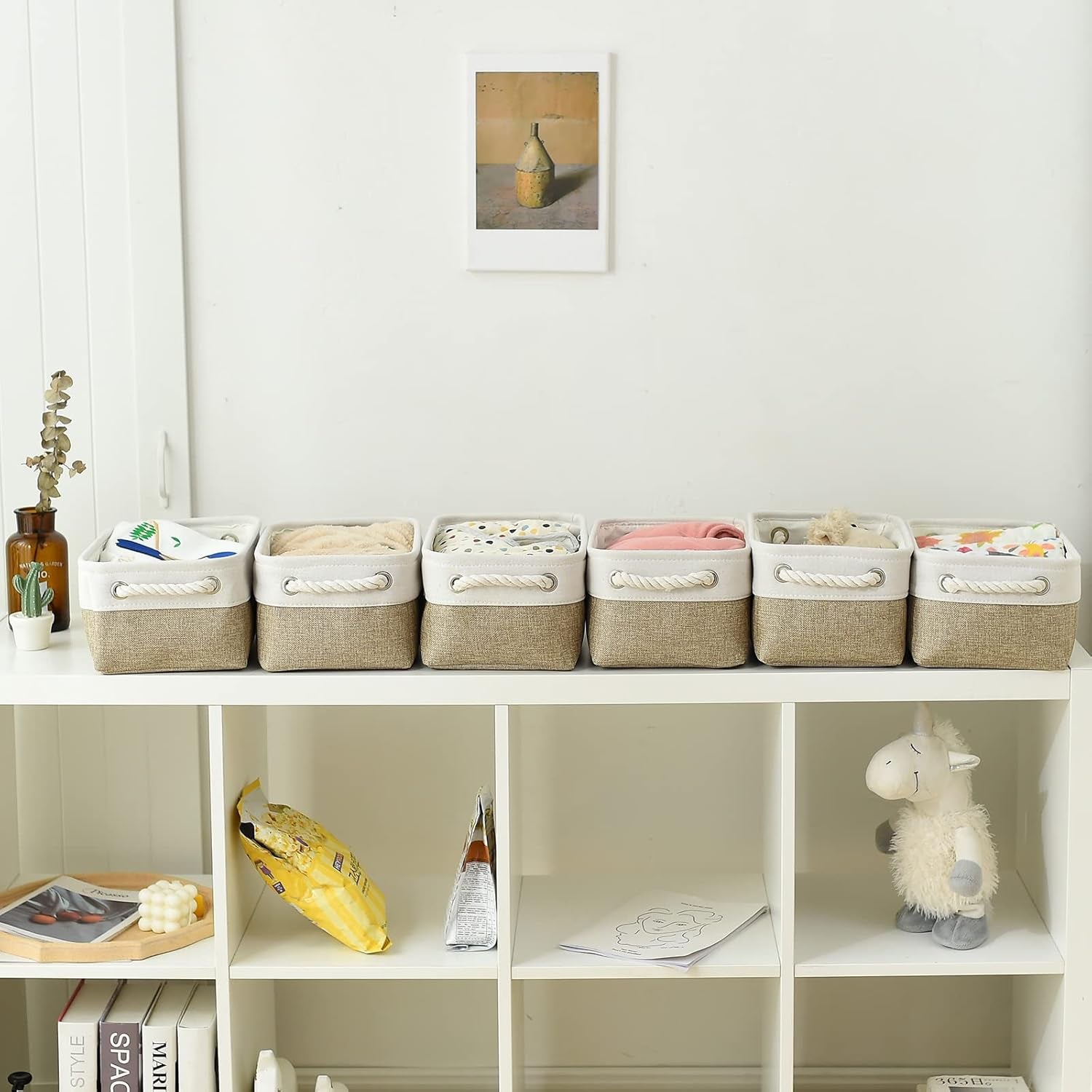 Storage Bins for Shelves - Small 6 Pack Collapsible Storage Basket for Organizing, Fabric Storage Cubes with Handle for Closet Cloth Toy Gift Kids (White & Khaki 11.8X7.8X5.2 Inch)