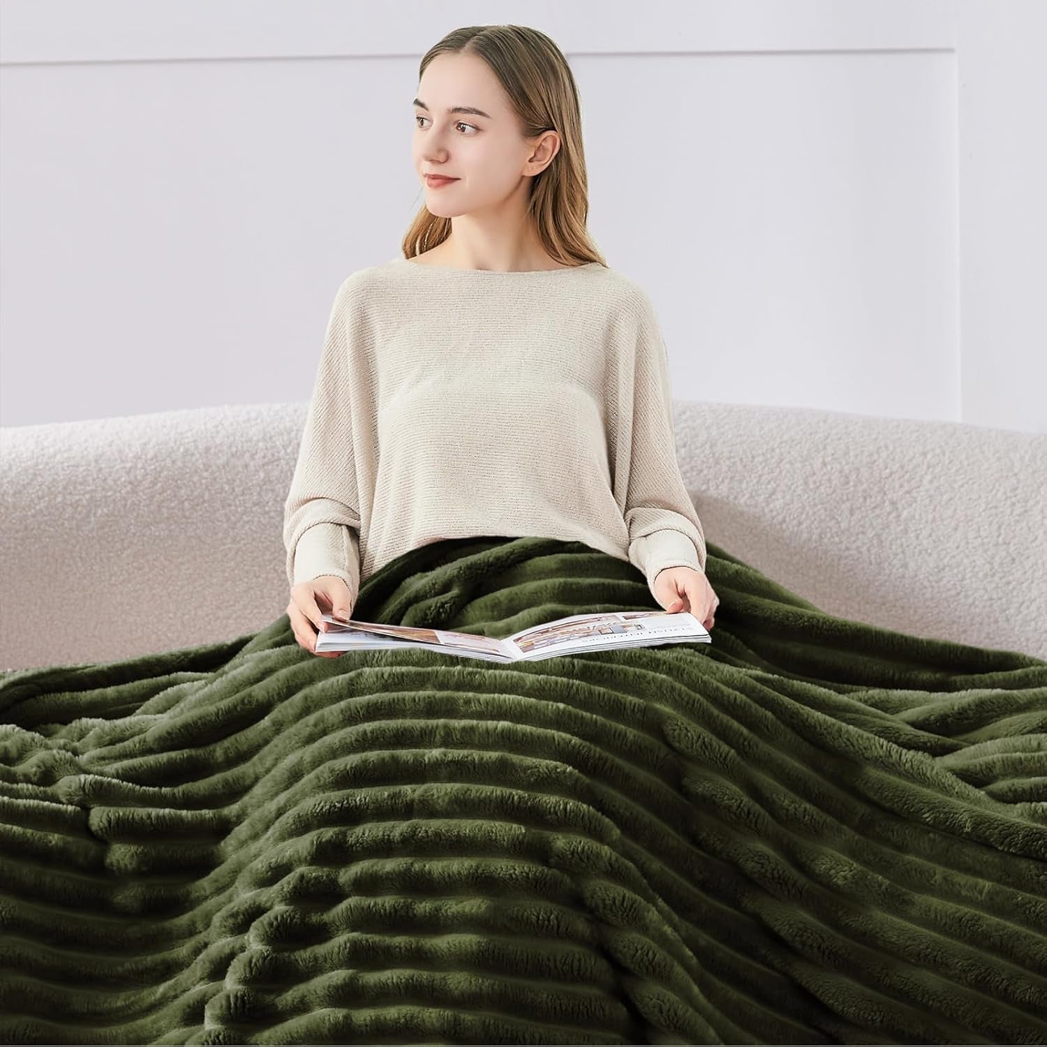 Ribbed Twin Blanket for Couch & Bed, Olive Green, 60"X80" | Ultra-Soft Plush Fleece, Cozy, Warm yet Lightweight, Ribbed Texture, Home Decor, Machine Washable, Giftable, All-Season Use