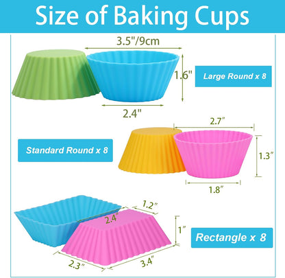 24Pack Silicone Muffin Cups, Reusable Cupcake Liners Molds for Baking, 3 Shapes Lunch Box Bento Dividers-Round, Square, and Rectangular (Colorsful, Large Size)