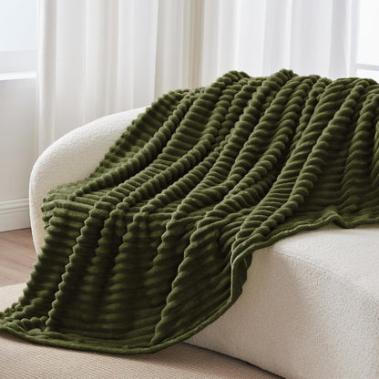 Ribbed Twin Blanket for Couch & Bed, Olive Green, 60"X80" | Ultra-Soft Plush Fleece, Cozy, Warm yet Lightweight, Ribbed Texture, Home Decor, Machine Washable, Giftable, All-Season Use