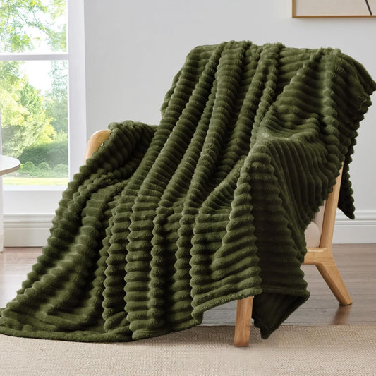 Ribbed Twin Blanket for Couch & Bed, Olive Green, 60"X80" | Ultra-Soft Plush Fleece, Cozy, Warm yet Lightweight, Ribbed Texture, Home Decor, Machine Washable, Giftable, All-Season Use