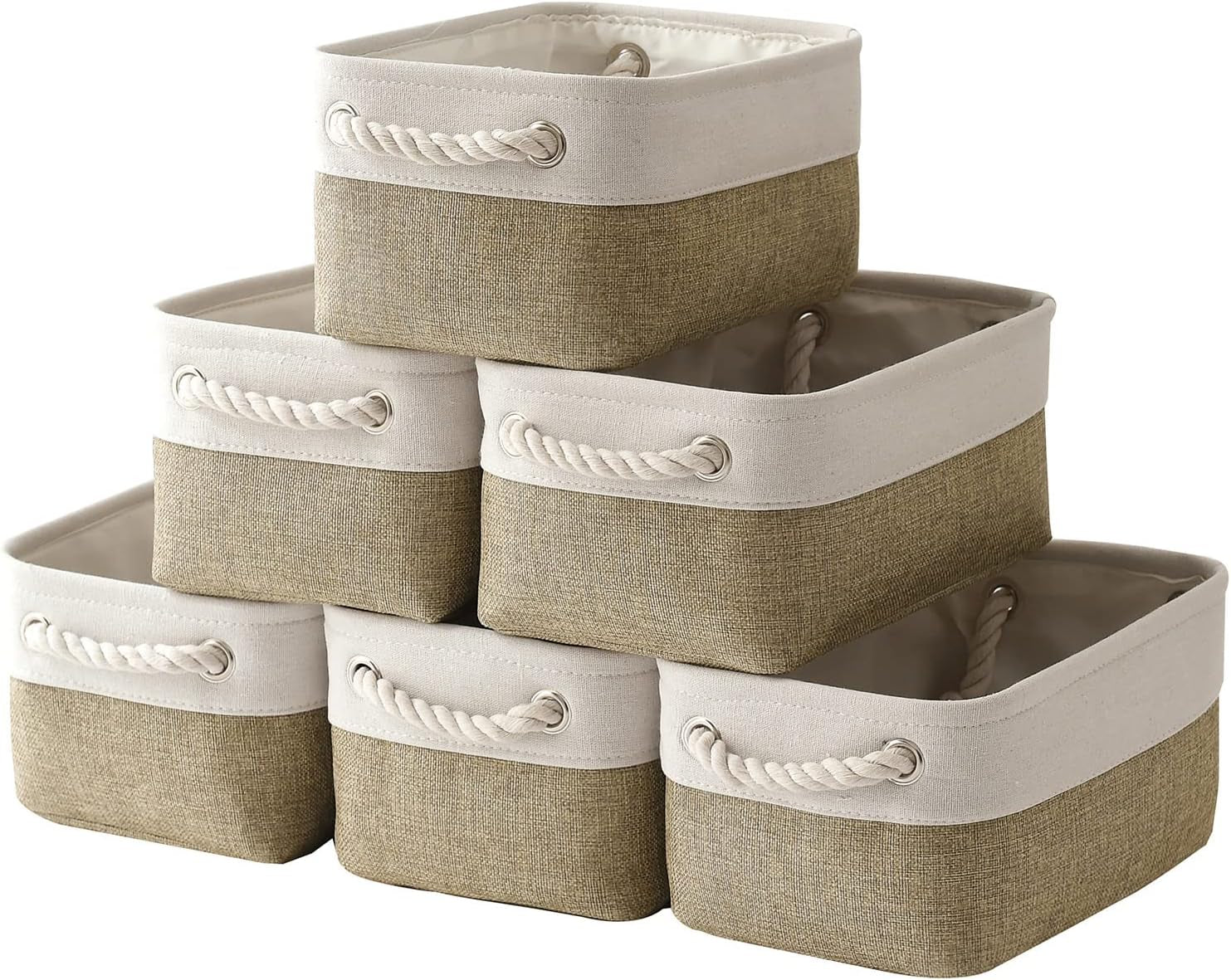 Storage Bins for Shelves - Small 6 Pack Collapsible Storage Basket for Organizing, Fabric Storage Cubes with Handle for Closet Cloth Toy Gift Kids (White & Khaki 11.8X7.8X5.2 Inch)