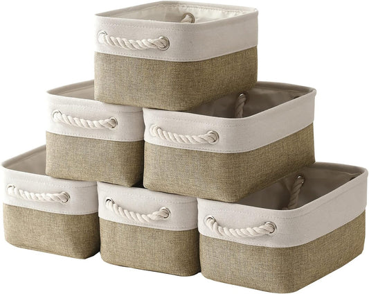 Storage Bins for Shelves - Small 6 Pack Collapsible Storage Basket for Organizing, Fabric Storage Cubes with Handle for Closet Cloth Toy Gift Kids (White & Khaki 11.8X7.8X5.2 Inch)