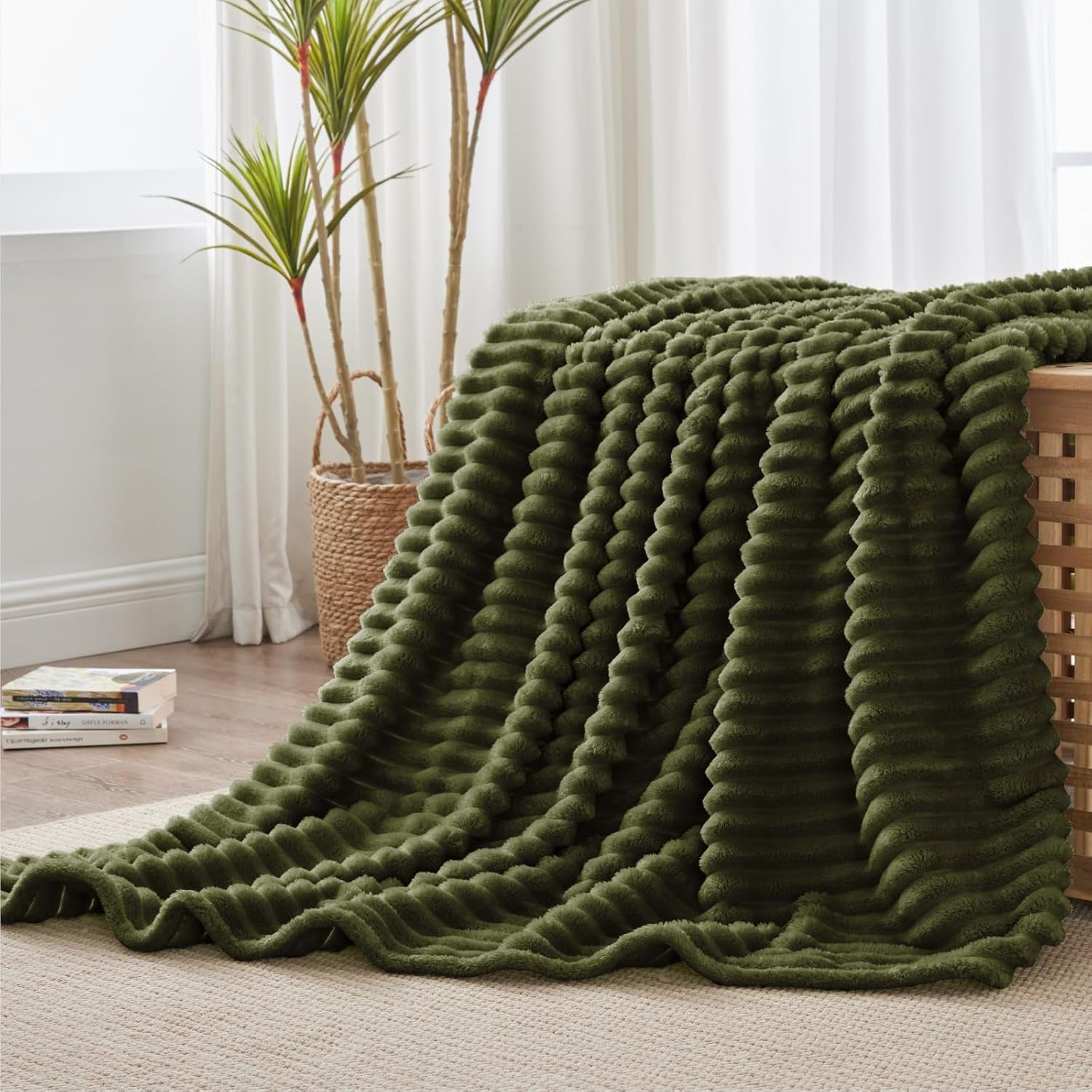 Ribbed Twin Blanket for Couch & Bed, Olive Green, 60"X80" | Ultra-Soft Plush Fleece, Cozy, Warm yet Lightweight, Ribbed Texture, Home Decor, Machine Washable, Giftable, All-Season Use