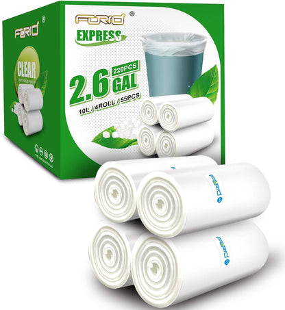 Clear 2.6 Gallon Small Trash Bags - 220 Count Durable Plastic Wastebasket Liners for Bathroom, Bedroom, and Office - 10 Liters