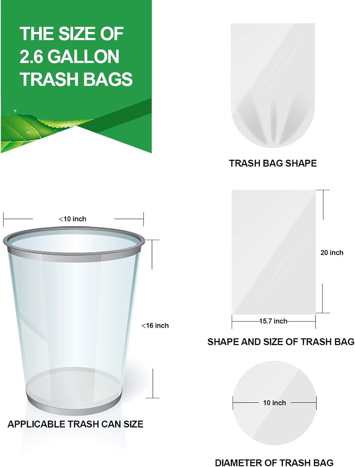 Clear 2.6 Gallon Small Trash Bags - 220 Count Durable Plastic Wastebasket Liners for Bathroom, Bedroom, and Office - 10 Liters